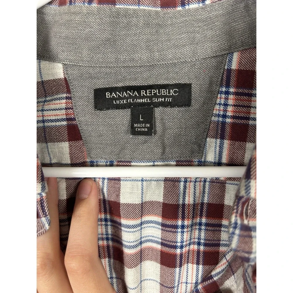 Banana Republic‎ Flannel Shirt Men's L Plaid Blue White Red Luxe Cotton